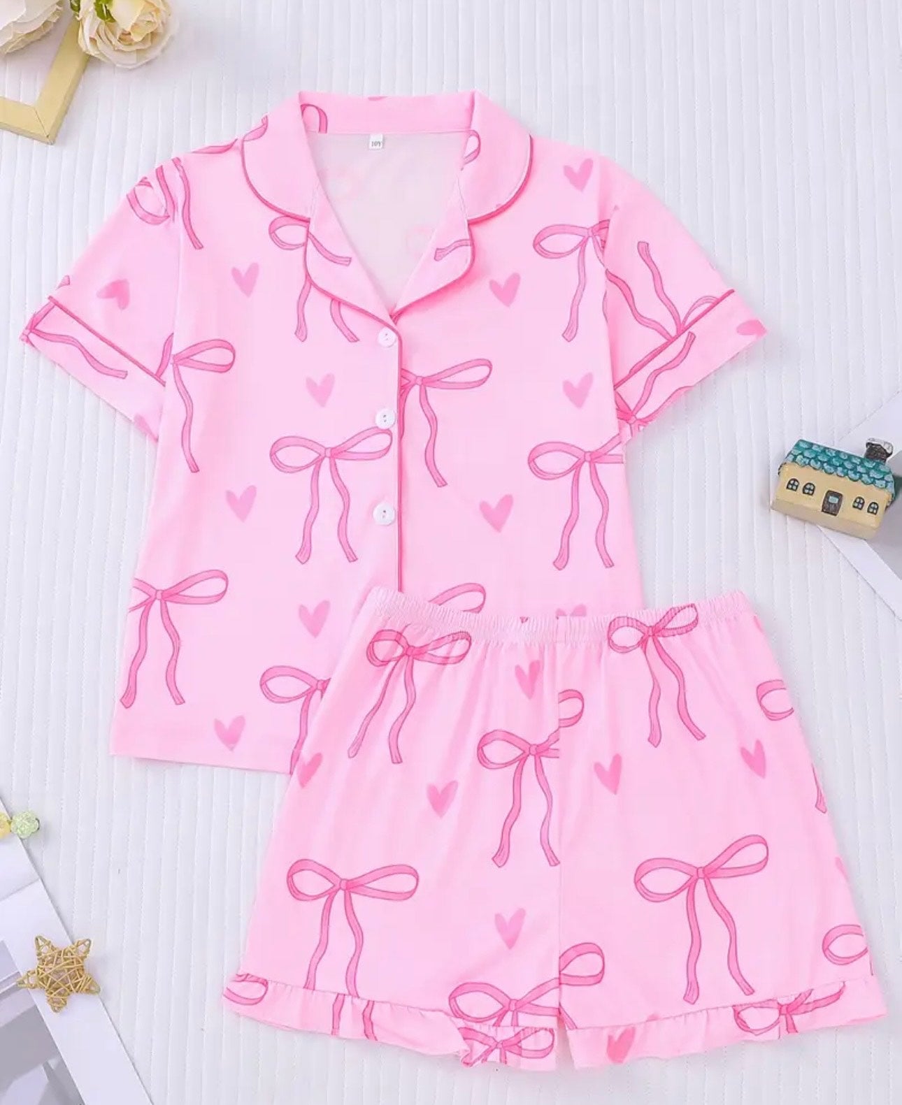 Cute Pink Bow Print Pajama Set – Soft & Comfortable Sleepwear