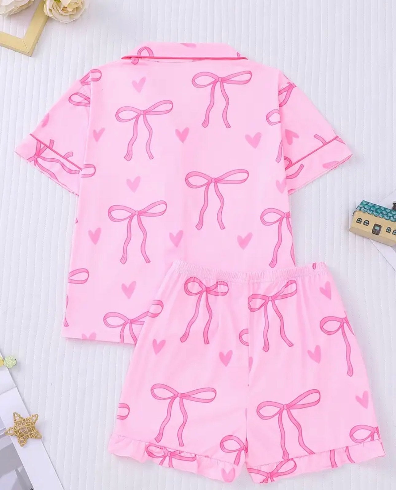 Cute Pink Bow Print Pajama Set – Soft & Comfortable Sleepwear