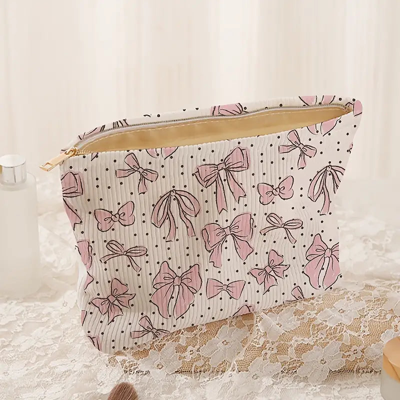 Pink Bow Print Makeup Bag, Charming Bow Print Cosmetic Case – Stylish Organizer for Makeup