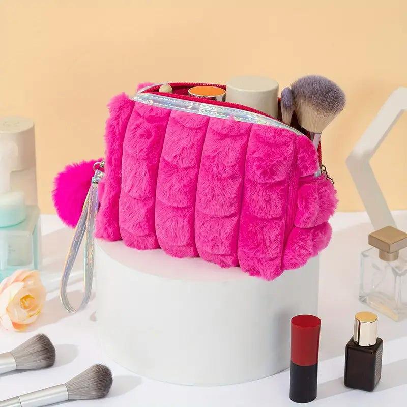 Hot Pink Plush Makeup Bag – Stylish Furry Cosmetic Pouch