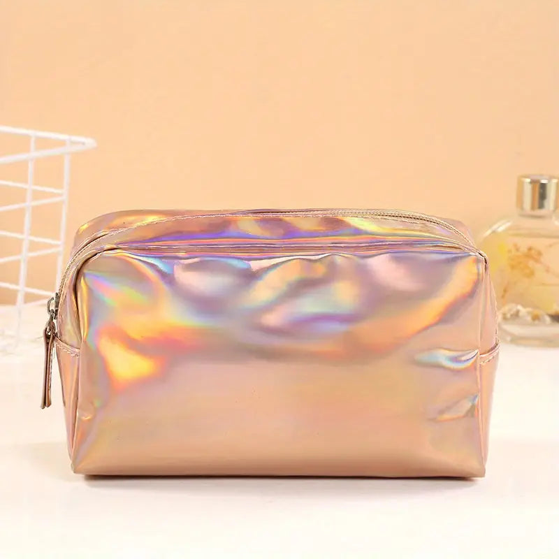 Iridescent Rose Gold Makeup Bag – Stylish Holographic Cosmetic Pouch