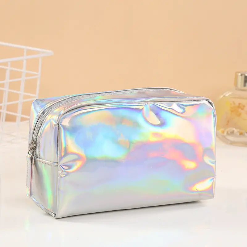 Silver Iridescent Makeup Bag – Chic Holographic Cosmetic Pouch