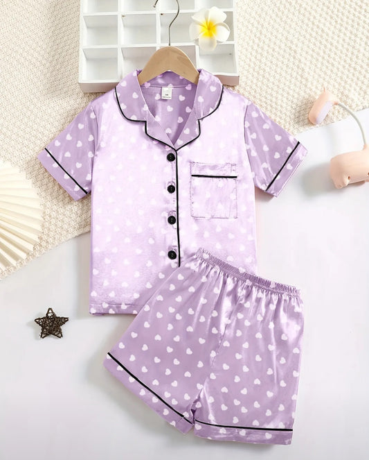 Heart Print Lavender Pajama Set – Comfy & Stylish Sleepwear